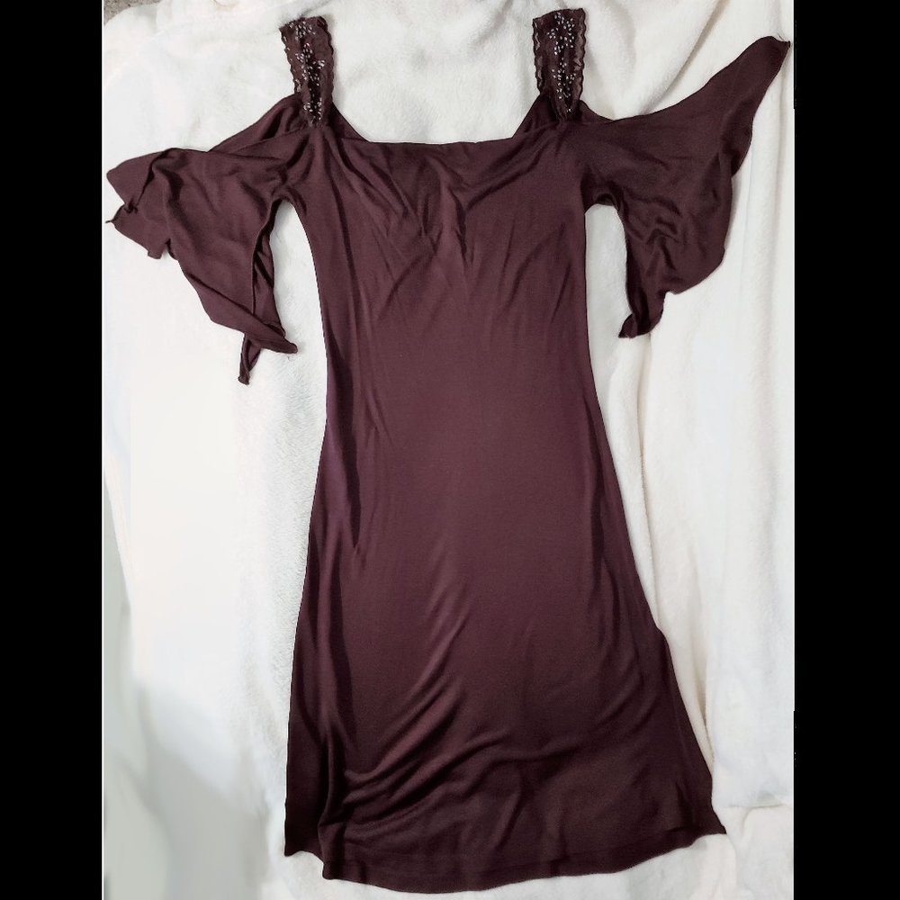 Brown lace beaded strap open sleeve dress